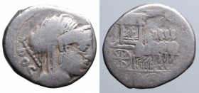 RUBRIA - L.Rubrius Dossenus (87 a.C.). Roma. Denario AG gr. 3,60 mm 17,89. D/testa di Giunone; R/Carro trionfale. Varesi 539; Cr. 348/2.qMB