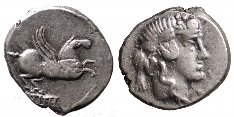 TITIA - Quintus Titius (90 a.C.). Roma. Denario AG gr. 3,92 mm 18. D/Testa di Ba...