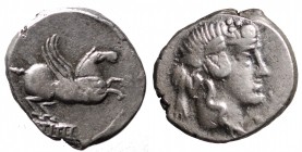 TITIA - Quintus Titius (90 a.C.). Roma. Denario AG gr. 3,92 mm 18. D/Testa di Bacco; R/Pegaso in volo. Varesi 581; Cr.341/2 qBB