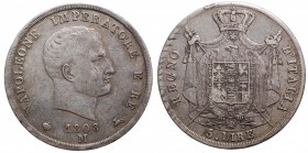 Napoleone I Re d'Italia. Milano. 5 lire 1808. Ag gr. 24,87. qBB