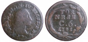 Napoli. Ferdinando IV di Borbone (1759-1816). Tornese da 6 cavalli 1791. AE gr. 2,61 mm 20,5 var.punto sotto il collo (Magliocca manca). MB