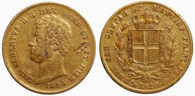Savoia. Carlo Alberto. Genova. 20 lire 1845. Au gr. 6,42 mm 21,4. MB