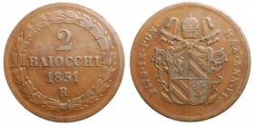 Stato Pontificio. Pio IX (1846-1870). Roma. 2 baiocchi 1851. AE gr. 19,45. qBB