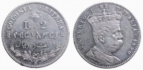 Umberto I. Eritrea. Roma. 2 lire 1890 AG gr.10. Gig.3 NC. qSPL *colpo al bordo