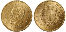 Vittorio Emanuele II (1861-1878). 10 lire 1863 Torino. Gig. 27. AU gr. 3,24 SPL-FDC