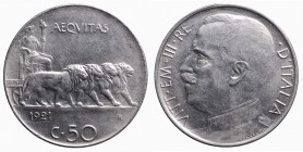 Vittorio Emanuele III. Roma. 50 centesimi 1921 bordo liscio. qSPL