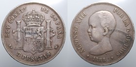 Spagna. Alfonso XIII. 5 pesetas 1888 (88). Ag gr. 25 mm 37,5. BB