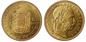 Ungheria. Franz Joseph 8 Forint/20 Franchi 1888 KB AU gr. 6,45 KM#467 SPL