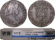 LOUIS XIV "THE SUN KING"
Type : Demi-écu à la mèche longue 
Date : 1649 
Mint name / Town : La Rochelle 
Quantity minted : 23199 
Metal : silver 
Mill...