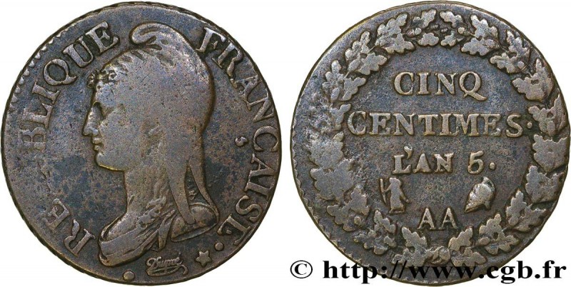 DIRECTOIRE
Type : Cinq centimes Dupré, grand module 
Date : An 5 (1796-1797) 
Mi...