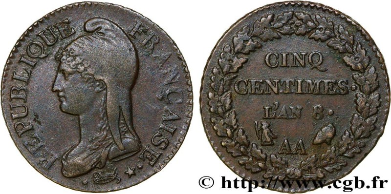 CONSULATE
Type : Cinq centimes Dupré, grand module 
Date : An 8 (1799-1800) 
Min...