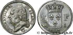 LOUIS XVIII
Type : 1/4 franc Louis XVIII 
Date : 1817 
Mint name / Town : Limoges 
Quantity minted : 16292 
Metal : silver 
Millesimal fineness : 900 ...