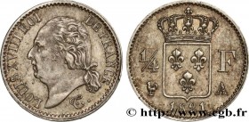 LOUIS XVIII
Type : 1/4 franc Louis XVIII 
Date : 1821 
Mint name / Town : Paris 
Quantity minted : 21924 
Metal : silver 
Millesimal fineness : 900  ‰...