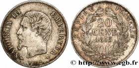 SECOND EMPIRE
Type : 20 centimes Napoléon III, tête nue 
Date : 1855 
Mint name / Town : Paris 
Quantity minted : 361989 
Metal : silver 
Millesimal f...