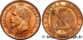 SECOND EMPIRE
Type : Cinq centimes Napoléon III, tête laurée 
Date : 1863 
Mint name / Town : Paris 
Quantity minted : 12128389 
Metal : bronze 
Diame...