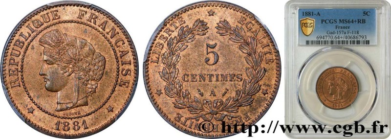 III REPUBLIC
Type : 5 centimes Cérès 
Date : 1881 
Mint name / Town : Paris 
Qua...