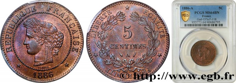 III REPUBLIC
Type : 5 centimes Cérès 
Date : 1886 
Mint name / Town : Paris 
Qua...