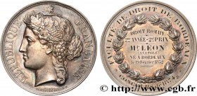 III REPUBLIC
Type : Médaille de concours, droit romain, 2e prix 
Date : 1874 
Mint name / Town : 33 - Bordeaux 
Metal : silver 
Diameter : 45,5  mm
We...