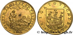 CORPORATIONS
Type : Premier corps des marchands, drapiers et tisserands de laine 
Date : 1653 
Metal : gilt copper 
Diameter : 28  mm
Orientation dies...