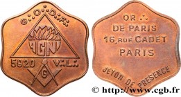 FREEMASONRY
Type : AGNI 
Date : 1920 
Metal : copper 
Diameter : 33  mm
Orientation dies : 12  h.
Weight : 9,37  g.
Edge : Lisse 
Obverse legend : Tri...