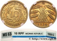 GERMANY
Type : 10 Reichspfennig 
Date : 1936 
Mint name / Town : Karlsruhe 
Metal : copper 
Diameter : 21  mm
Edge : lisse 
Rarity : R1 
Obverse legen...