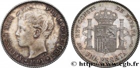 SPAIN
Type : 1 Peseta Alphonse XIII, 3e type de buste 
Date : 1901 
Mint name / Town : Madrid 
Quantity minted : 8448690 
Metal : silver 
Millesimal f...