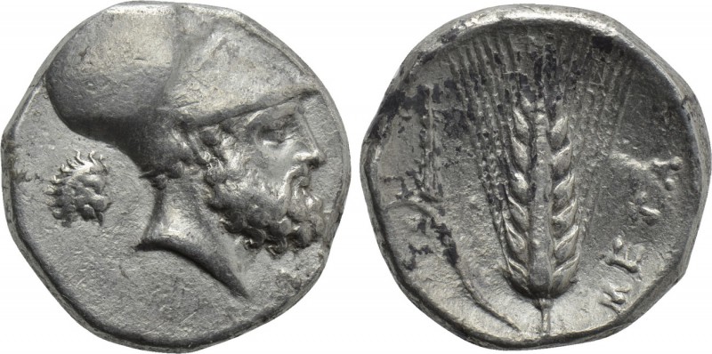 LUCANIA. Metapontion. Nomos (Circa 340-330 BC). 

Obv: Helmeted head of Leukip...