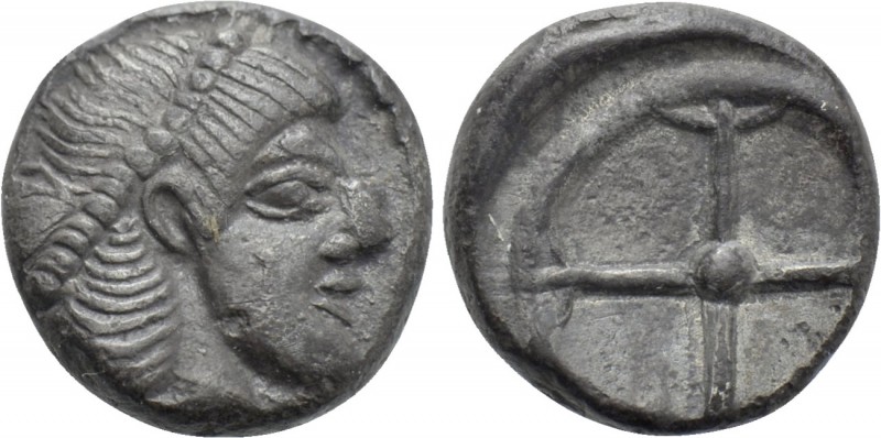 SICILY. Syracuse. Obol (Circa 485-479 BC). 

Obv: Head of Arethusa right.
Rev...