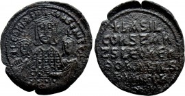 BASIL I THE MACEDONIAN, with LEO VI and CONSTANTINE (867-886). Follis. Constantinople.