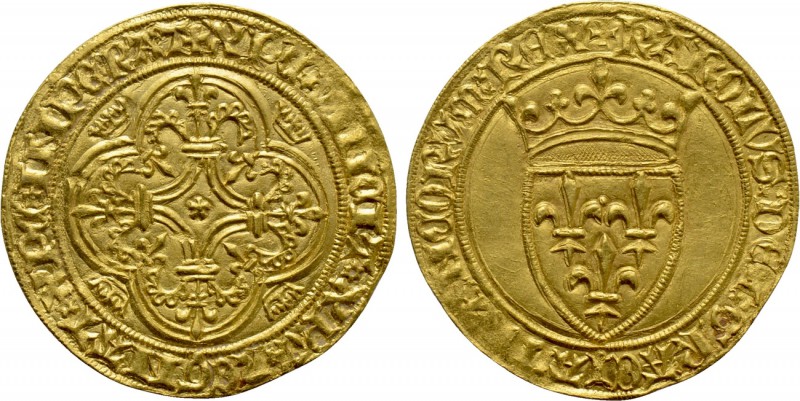 FRANCE. Charles VI le Bien-Aimé/le Fol (1380-1422). GOLD Écu d’or à la couronne....