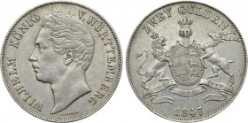 GERMANY. Württemberg. Wilhelm I (1816-1864). 2 Gulden (1847). Stuttgart.