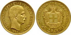 GREECE. George I (1863-1913). GOLD 20 Drachmai (1884-A). Paris.