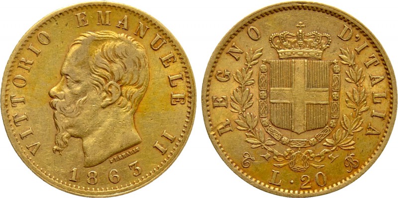 ITALY. Kingdom. Vittorio Emanuele II (1849-1878). GOLD 20 Lire (1863-T). Torino....
