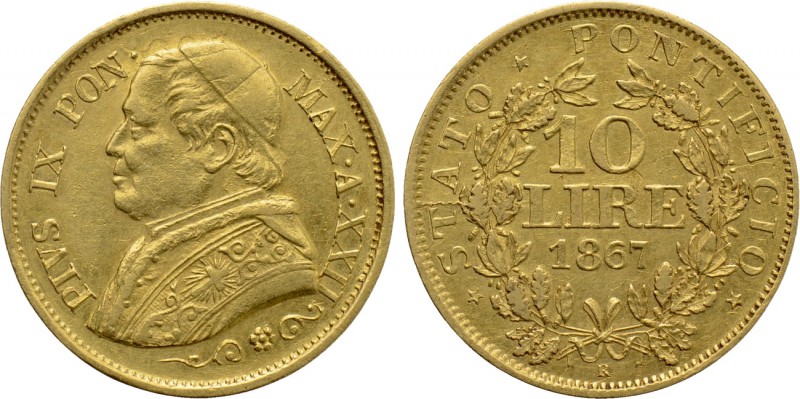 ITALY. Papal States. Pius IX (1846-1878). GOLD 10 Lire (1867//XXII-R). Rome. 
...