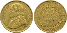 ITALY. Papal States. Pius IX (1846-1878). GOLD 10 Lire (1867//XXII-R). Rome.