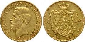 ROMANIA. Carol I (1866-1914). GOLD 20 Lei (1883-B). Bucharest.