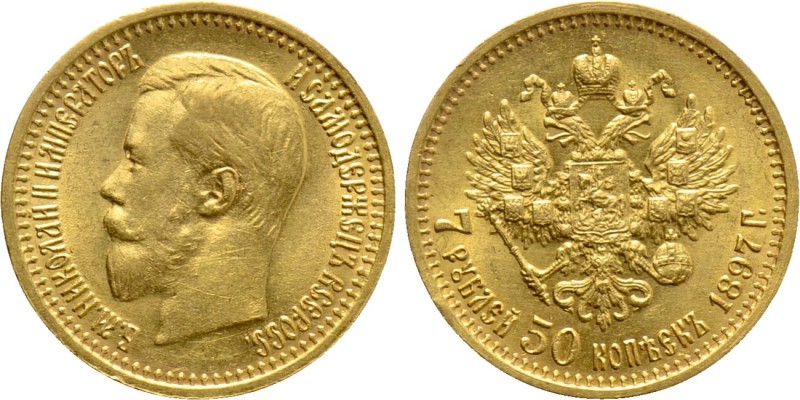 RUSSIA. Nicholas II (1894-1917). GOLD 5 Roubles 50 Kopecks (1897-AΓ). St. Peters...