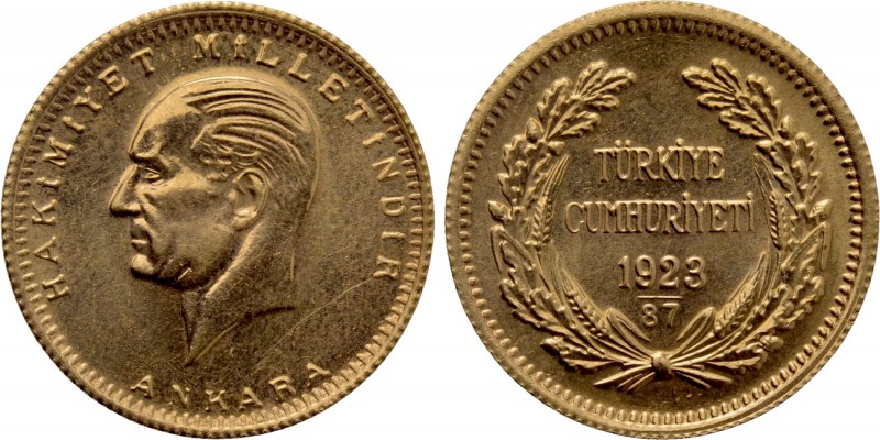 TURKEY. GOLD 100 Kurush (1923//87 [2010]). Ankara. 

Obv: HAKİMİYET MİLLETİNDİ...
