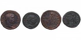 286-305 d.C. Maximiano Daza y Constancio Cloro. Lote de 2 monedas: Follis y Antoniniano. Ae. /Júpiter frente Maximiano dándose la mano, sobre ellas Vi...
