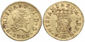 1758. Fernando VI (1746-1759). Madrid. 1/2 Escudo. JB. Au. EBC+. Est.300.