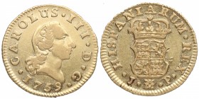1759. Carlos III (1759-1788). Madrid. 1/2 Escudo. JP. Au. EBC. Est.300.