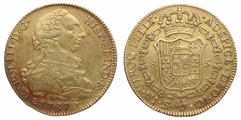 1787. Carlos III (1759-1788). Sevilla. 8 Escudos. CM. A&C 2193. Au. 27,04 g. Pre...