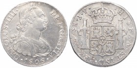 1806. Carlos IV (1788-1808). Lima. 8 Reales. JP. Ag. 27,30 g Fecha rara. MBC+/EBC-. Est.120.