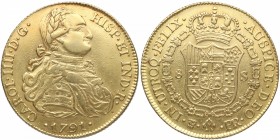 1791. Carlos IV (1788-1808). Potosí. 8 escudos. PR. Au. Busto laureado. Muy RARA. MBC+. Est.4000.