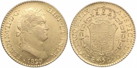 1820. Fernando VII (1808-1833). Madrid. 2 Escudos. GJ. Au. Ligera falta de presión en reverso. SC- / EBC+. Est.500.