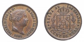 1864. Isabel II (1833-1868). Segovia. 5 céntimos. Cu. Bella. SC-. Est.120.