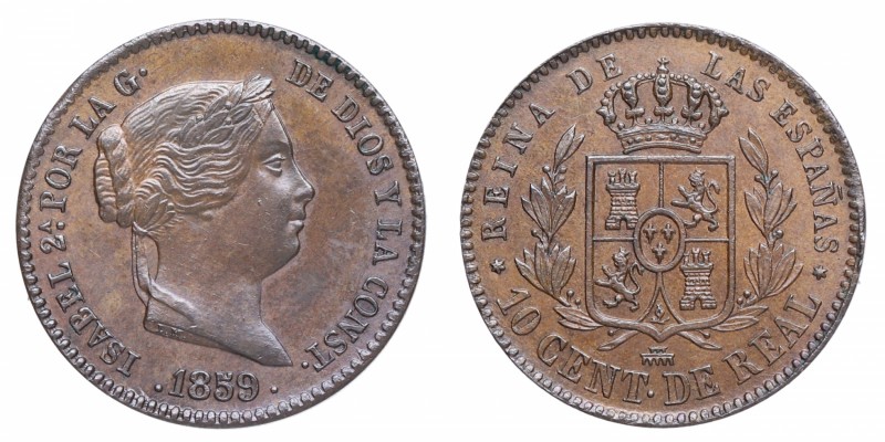 1859. Isabel II (1833-1868). Segovia. 10 céntimos. Cu. Bella. SC-. Est.120.