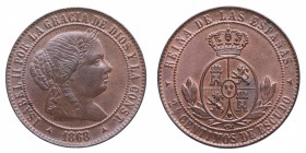1868. Isabel II (1833-1868). Segovia. 2,5 céntimos. Cu. Bella. Brillo original. SC. Est.120.