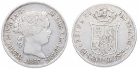 1867. Isabel II (1833-1868). Madrid. 40 Céntimos de Escudo. ABH. Ag. MBC+. Est.50.