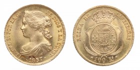 1857. Isabel II (1833-1868). Sevilla. 100 reales. Au. Bella. Brillo original. SC. Est.400.